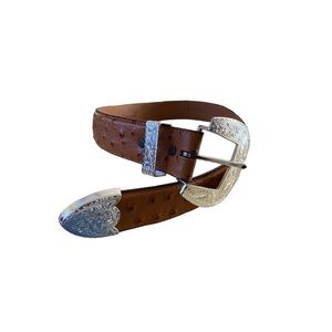 3D Genuine Leather Ostrich statement belt western silver tone engraved buckle 30